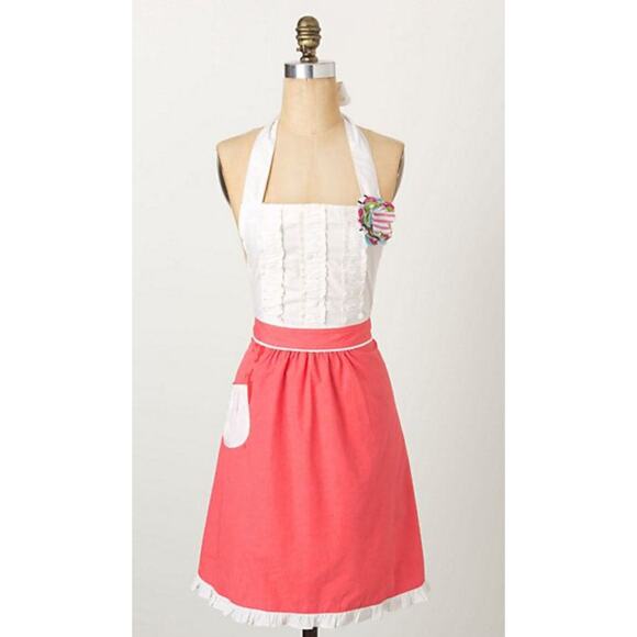 Anthropologie Pink White coral Tea and crumpets ruffle Apron Cotton Stitching - Picture 1 of 6